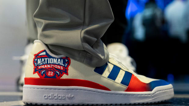 Oct 14, 2022; Lawrence, Kansas, US; A detailed view of the sneakers worn by Kansas Jayhawks head coach Bill Self during Late Night at the Phog at Allen Fieldhouse. Mandatory Credit: Jay Biggerstaff-USA TODAY Sports